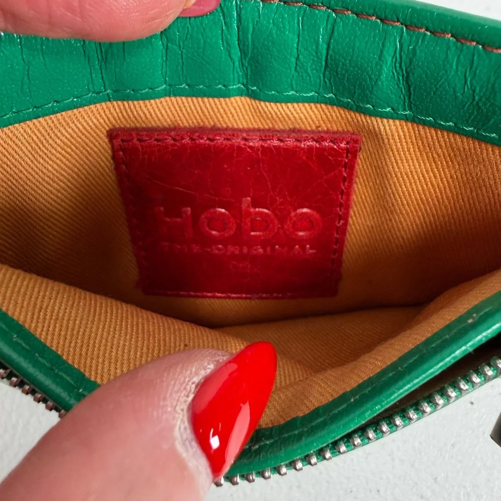 Hobo Euro Slide Card Case Holder Slim Zipper ID Window Green Leather Wallet